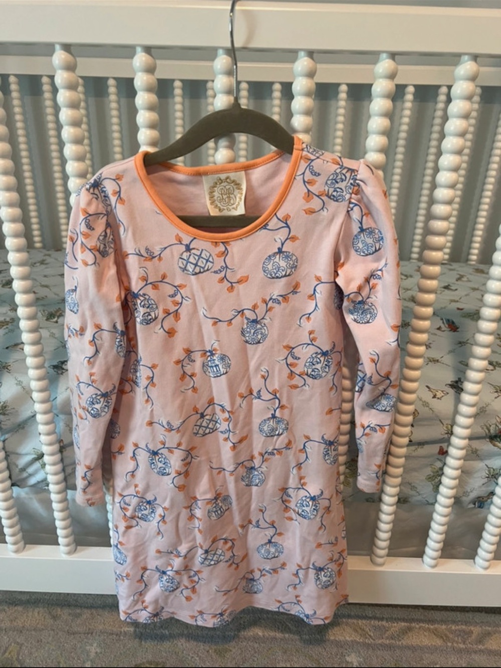 Puma Pink Long-Sleeve Dress with Blue Floral Ornaments and Orange Trim